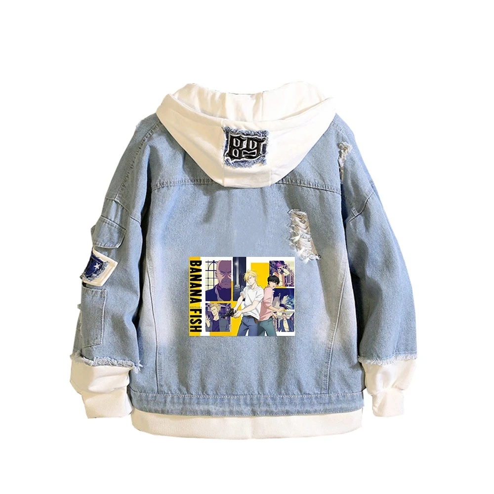 

Anime BANANA FISH Cosplay Denim Jacket Ash Lynx Costume Halloween Ripped Hooded Sweater Adult Unisex Clothes
