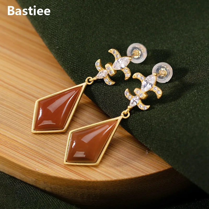 Bastiee Stud Drop Earrings Silver 925 Jewelry Gifts For Women Red Agate Zircon Earings Gold Plated Geometric Chinese Lute