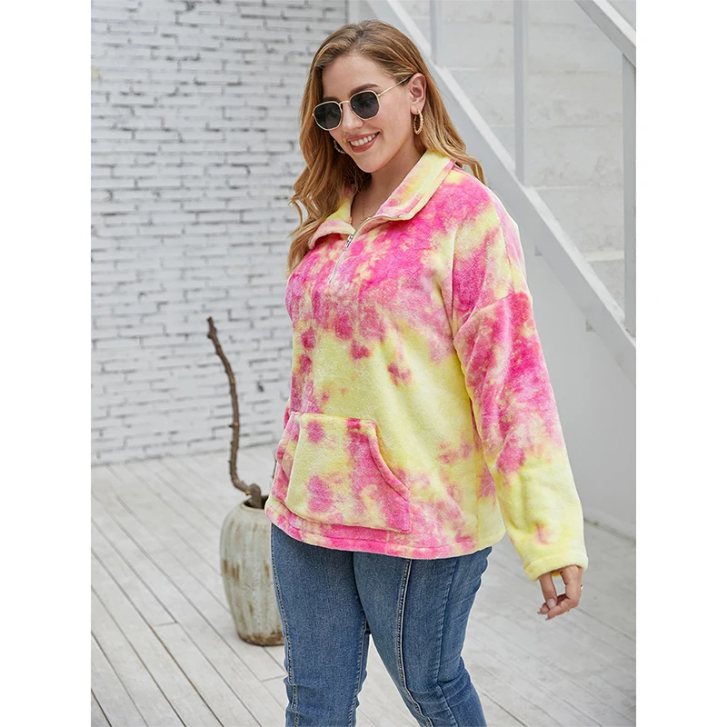 Fioncrow Tie-Dye Hoodie Women's Plus Size Y2K Pullover Pocket Lapel Long Sleeve Sports Casual Loose Autumn Women's Clothing