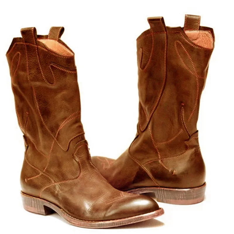 Laamei Women's Western Boots Winter Mid Tube Knight Boot Lady Retro Rome Slip-On Low Heel Leather Shoes Wide Calf Cowboy Botas - Цвет: Brown A