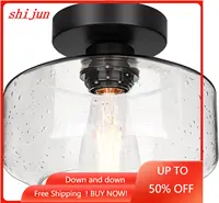 Industrial Semi Flush Mount Ceiling Light, 800 Lumen LED Bulb Included, Seeded Glass Shade Ceiling Light Fixture, Farmhouse Ligh