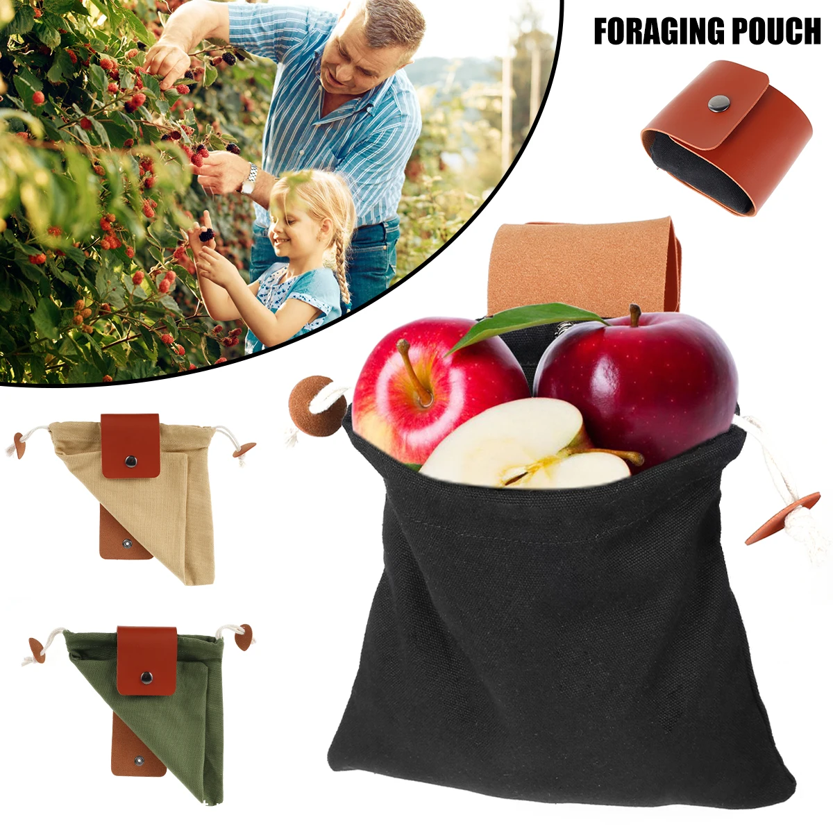 

Portable Outdoor Foraging Bag Fruit Picking Pouch Collapsible Berry Puch Storage Leather Bushcraft Canvas Bag Hiking Fanny Pack
