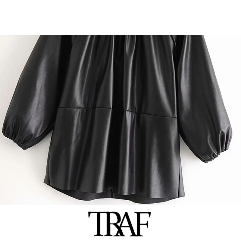 

TRAF Women Fashion Faux Leather Patchwork Loose Blouses Vintage O Neck Three Quarter Sleeve Female Shirts Chic Tops