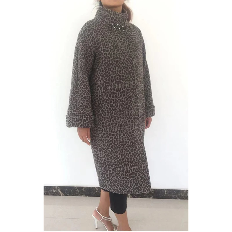 Женское длинное пальто с леопардовым принтом шерстяное длинным рукавом
