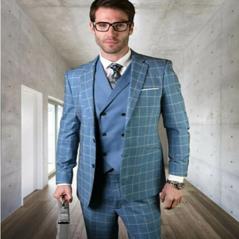 

2020 Handsome Men's Tweed Notch Lapel Blue Check/Palid Suits Formal For Wedding Tuxedos Slim Fit Party Prom Suit