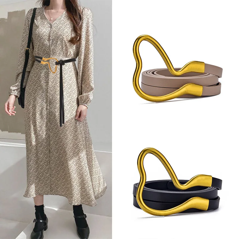 

Horseshoe buckle women's long belts for girls with double belts and thin waistband bowknot dress for girls with double belts