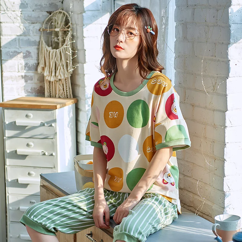 

Women's Summer Home Suit Pajama Set Spring Summer Thin short sleeved Cotton Pajamas Home Sleepwear Suit