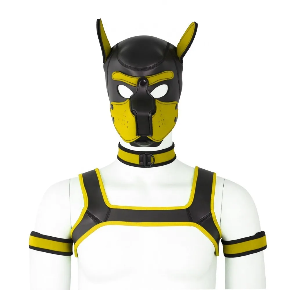Цвет: желтый Puppy Play Dog Bondage Hood Mask Collar Armband Cosplay Fantasy Harness Bondage Sexy Set Adult Games Slave Pup Role Play Couples - Цвет: Цвет: желтый