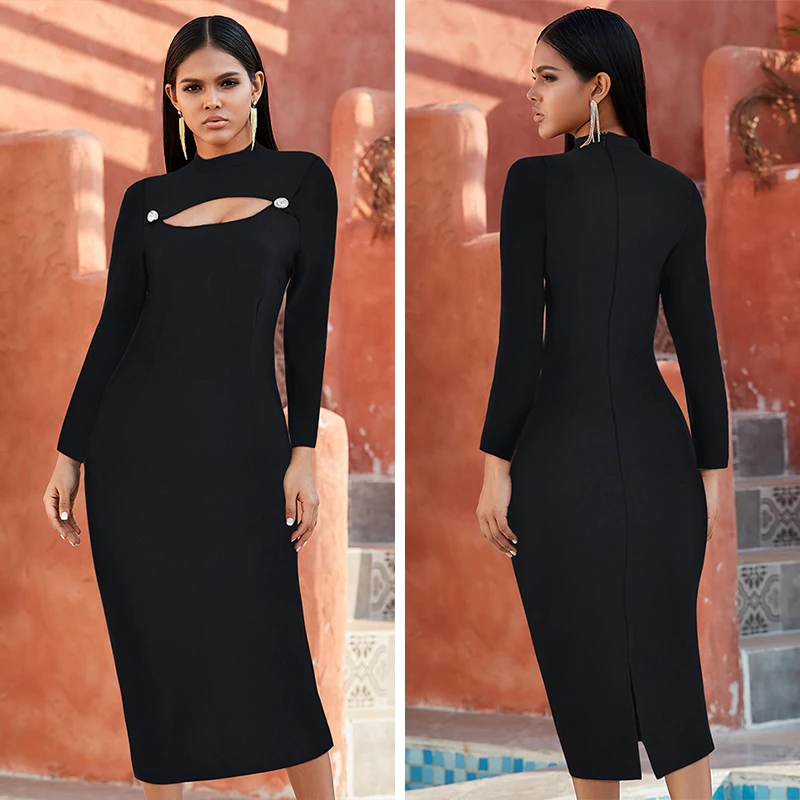 

Sexy Hollow Women Long Sleeve Bandage Party Dress Out Black Club Celebrity Evening Dresses robe de soirée femme вечернее платье1