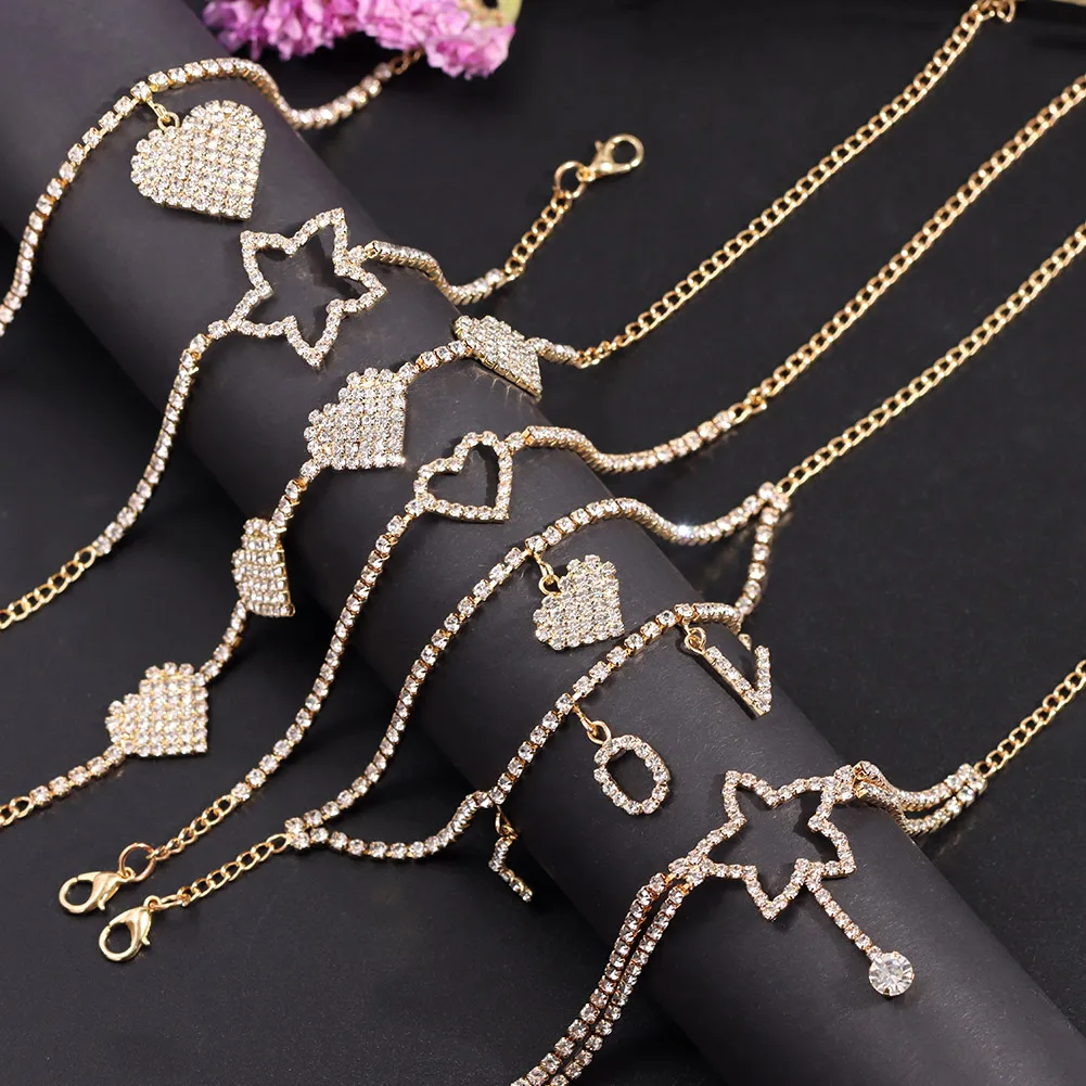 

Caraquet Fashion Heart Rhinestone Anklets Wholesale Jewelry for Women Beach Barefoot Love Pendant Anklet Bracelet Leg Chain 2021