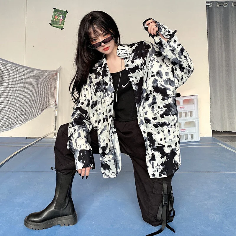 Женская блузка оверсайз с длинным рукавом камуфляжная Свободная рубашка принтом