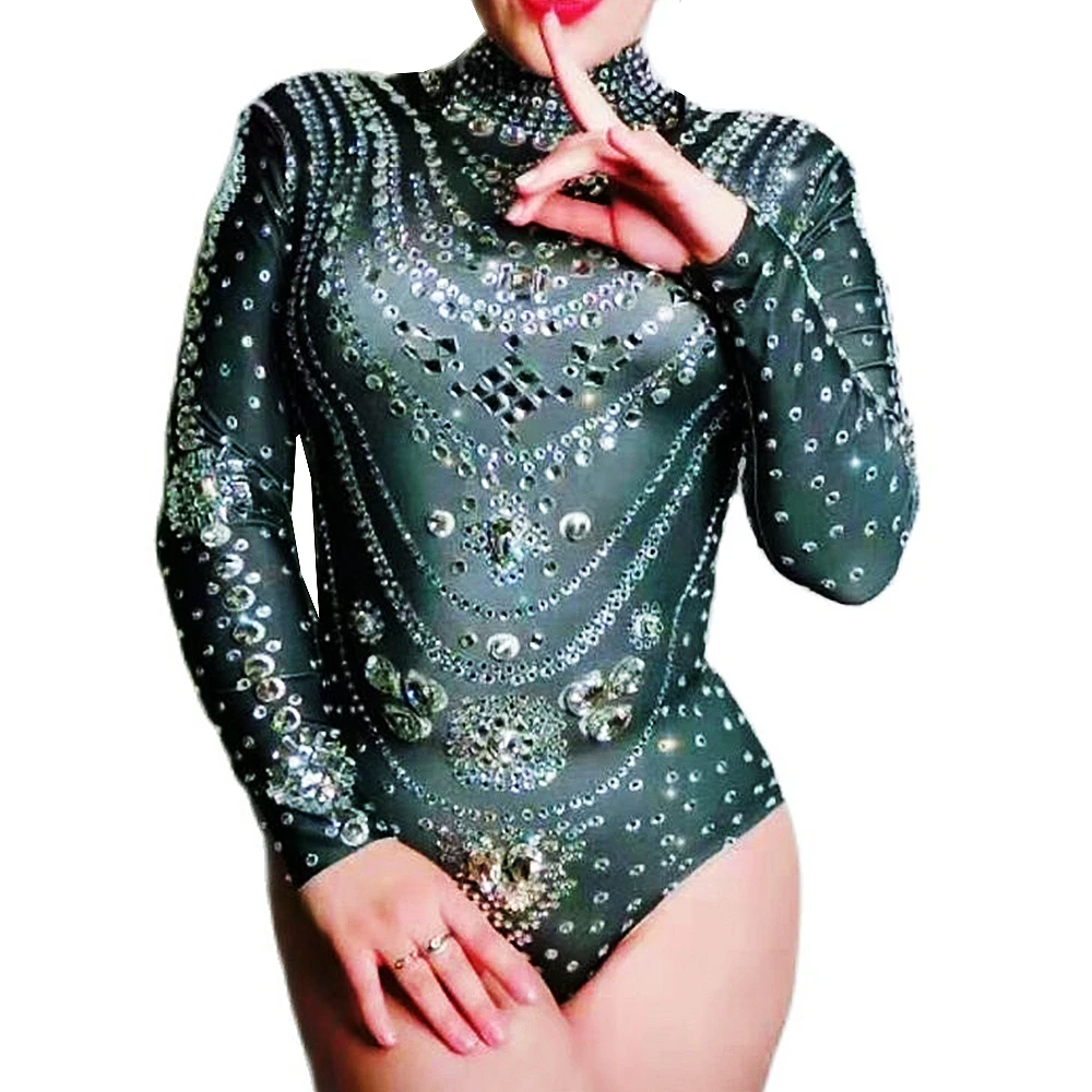 

Black Long Sleeve Sparkling Diamonds Bodysuits Pole Dancing Women Stage Wear Jumpsuits Nightclub Singer Perfprmance Costumes