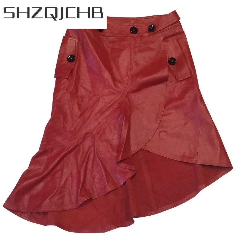 

JCHB 2021 Spring Women High Waist Irregular Fishtail Skirt Ruffles Sheepskin Genuine Leather Skirts Female Casual Streetwear Sk