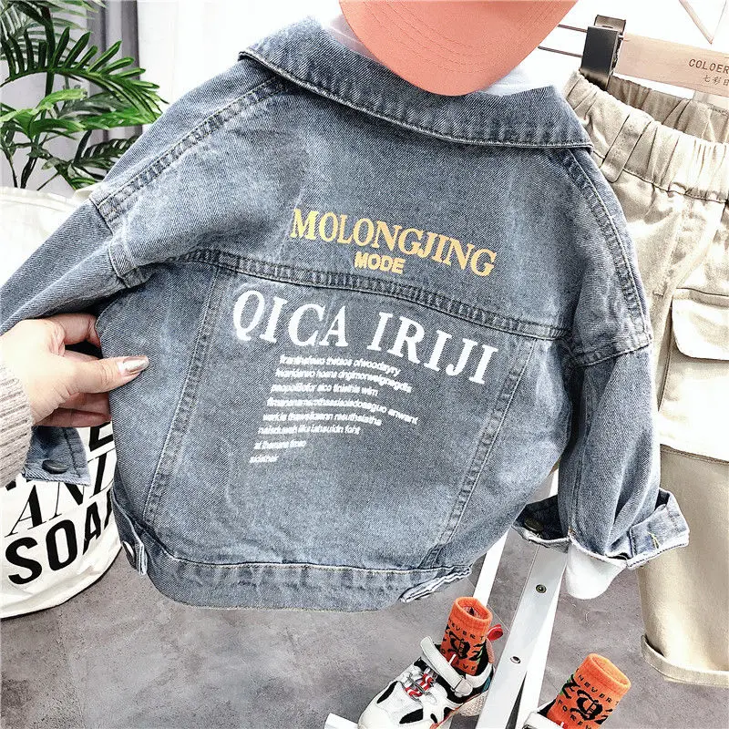 

INS HOT baby boys denim jacket 2-7 years old Children's clothing Casual print letters Jacket online celebrity outdoor coat