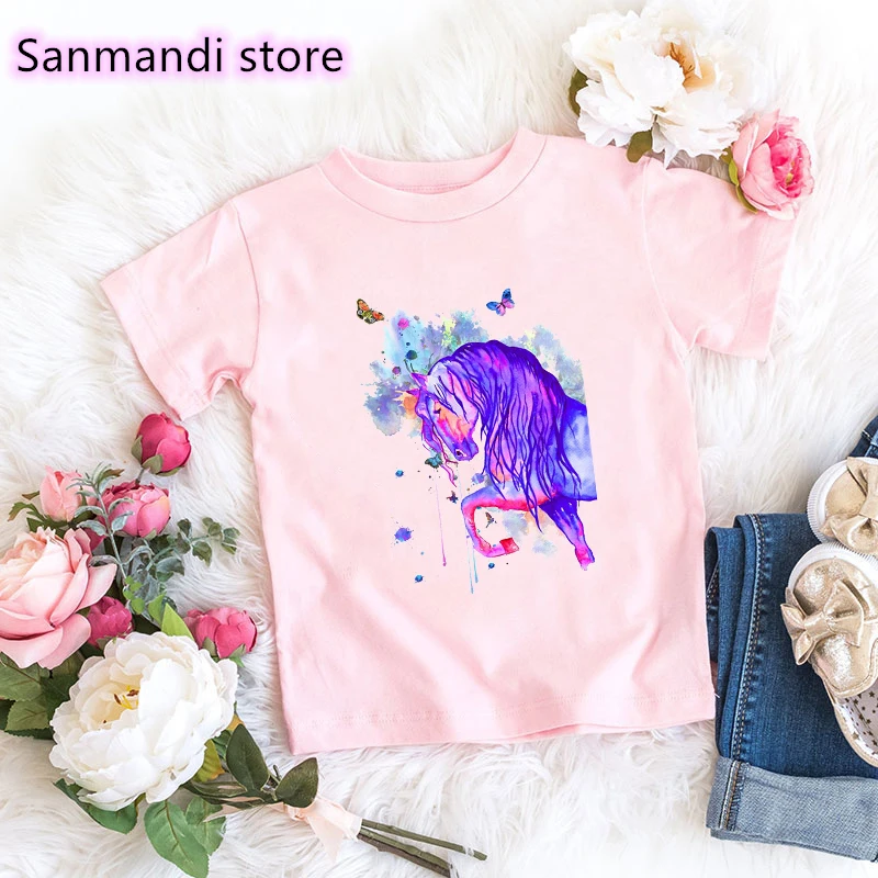 2021 Hot Sale Rainbow Unicorn Print Pink Tshirt Girl Kids Clothes Harajuku Shirt Kawaii Children Clothing Beautiful T-Shirt | Детская