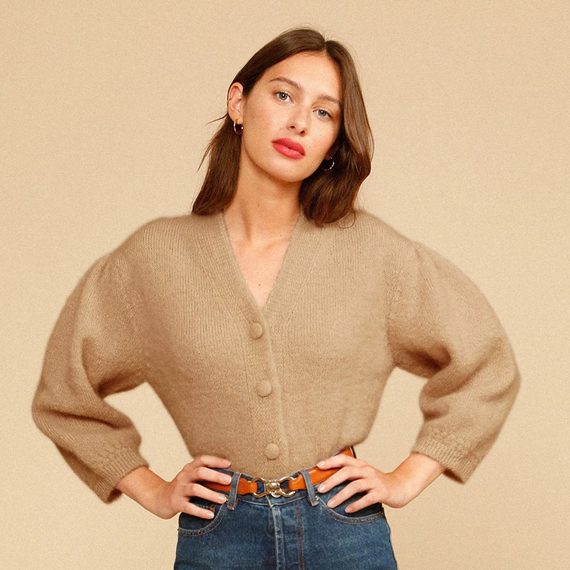 

Kid Mohair Knitted Gilet Women Autumn Puff Sleeve V-neck Single Breasted Cardigan Sweater Elegant Vintage Ladies Sweaters