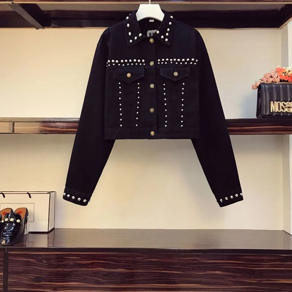 

Plus Size 4XL Street Personality Denim Outwear Fashion Autumn Spring Beaded Rivet Single-breasted All-match Black Denim Jacket
