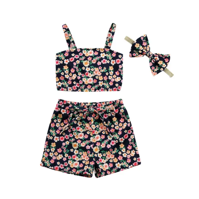 

AU/3 предмета, одежда с цветочным рисунком для маленьких девочек, укороченный жилет, топ, шорты, летняя одежда