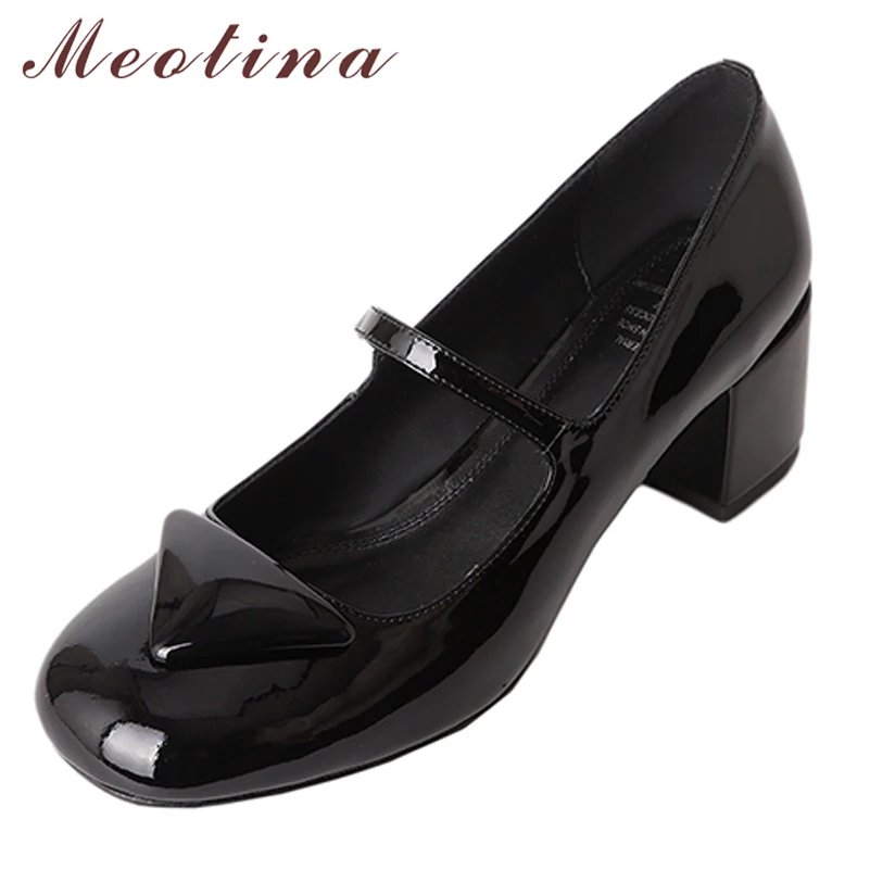 

Meotina Patent Cow Leather Women Mary Janes Shoes Thick Heels Pumps Square Toe High Heel Ladies Footwear Spring Black Slingbacks