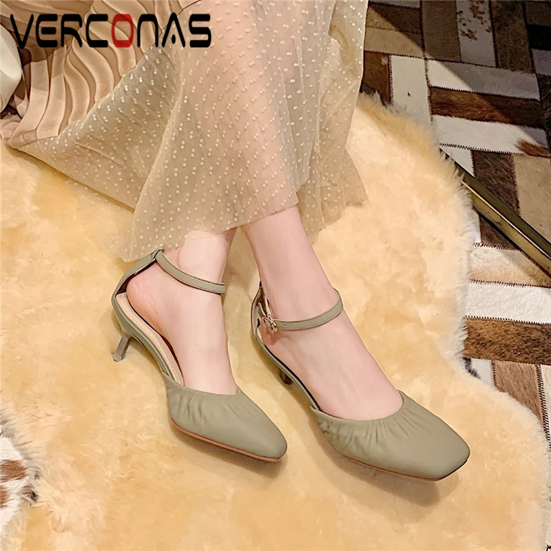 

VERCONAS Spring Summer Ankle Strap Women Sandals Elegant Concise Pleated Genuine Leather New Shoes Woman Square Toe High Heels