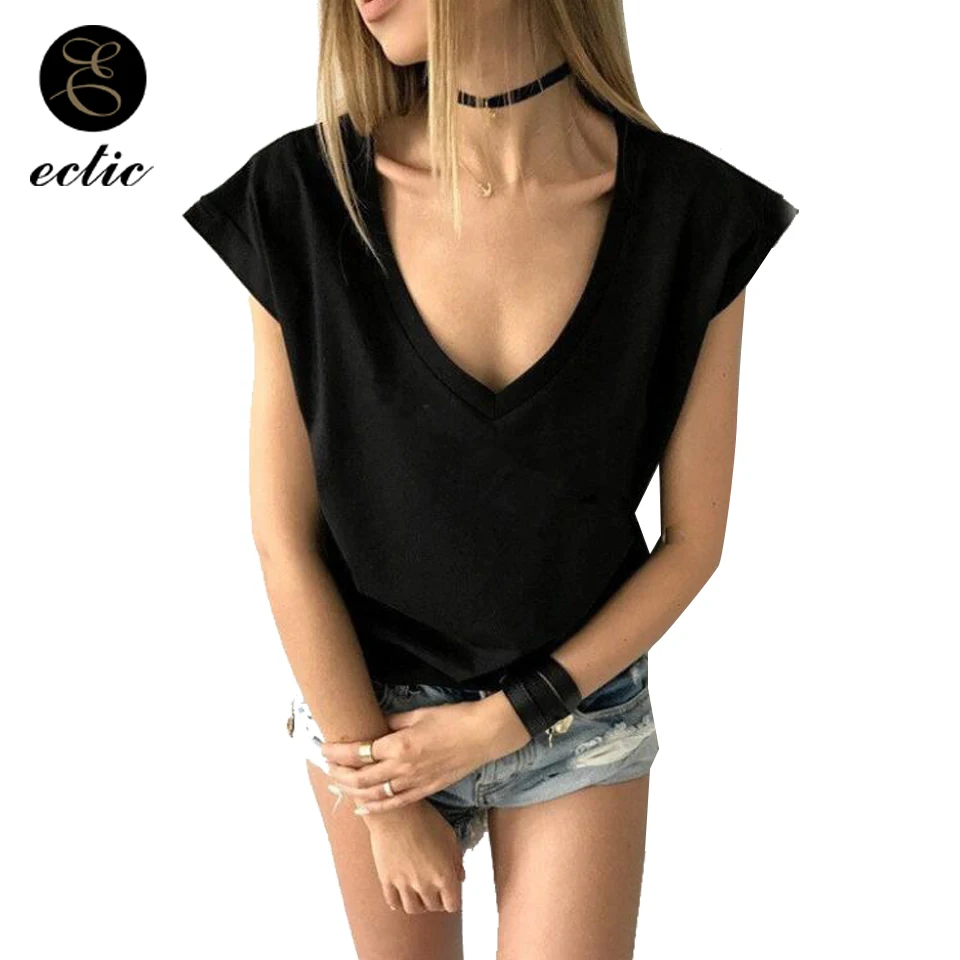 Глубокий V Образным Вырезом Футболка Погружение Вязаный Короткий Рукав Топ Тренд