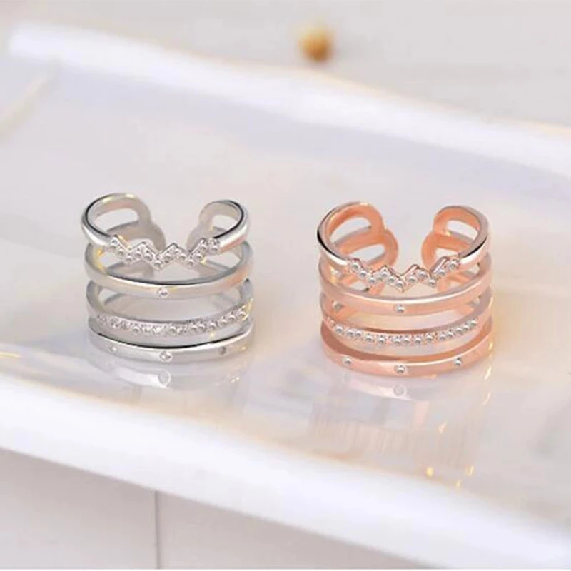 

PANJBJ 925 Sterling Silver Opening Rings Personality Exaggerated Multi-layer Mosaic Zircon Rings For Women