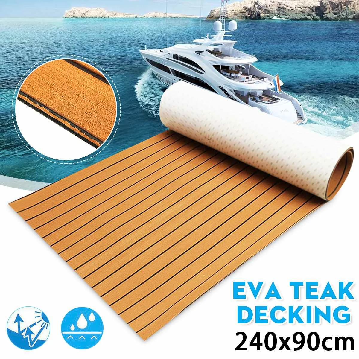 

Self Adhesive 900x2400x6mm EVA Foam Boat Decking Sheet Gold with Black Lines Marine Flooring Faux Teak Non-Slip Mat Pad
