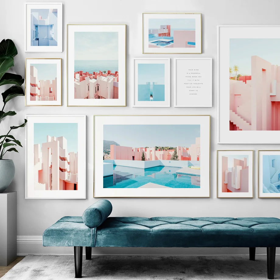 Розовый дом океан кокосовое дерево красная стена искусство холст живопись