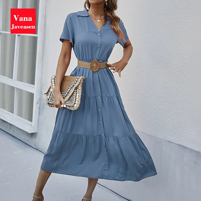 

Deep V Neck Short Sleeve Patchwork Hem Midi Dress Women Solid Slim Single-Breast Long Dresses Female High Waist A-Line Dresses