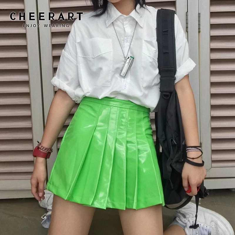 Cheerart Harajuku Pu зеленая плиссированная юбка женская кожаная блестящая мини с высокой