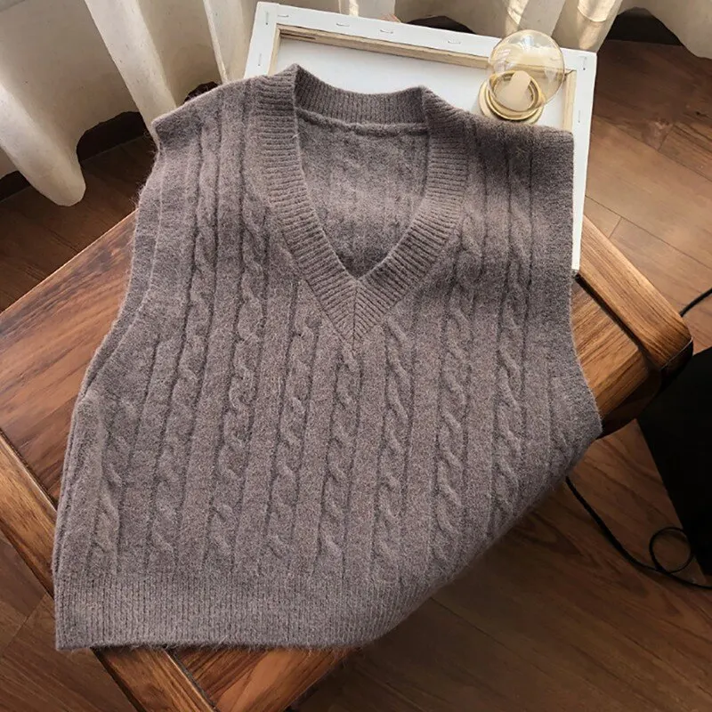 

Autumn Sweater Vest Women's Solid Knitted Vest Korean Style Student V-neck Pullover Loose Casual Knitting Tops Outerwear