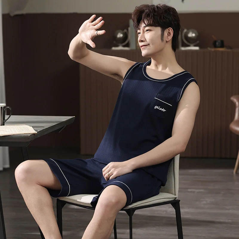 Летняя темно-синяя повседневная спортивная одежда модель 4XL Пижама для мужчин