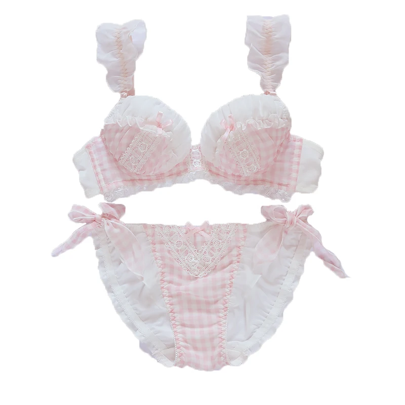 Sweet Sexy Girl Spring Summer Underwear Set Japanese Lolita Cute Maid Plaid Lace Bow Push Up Underwire Bra & Panties Set Intima