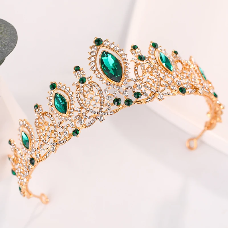 

Baroque Green Crystal Tiaras And Crowns Bridal Hair Accessories For Women Rhinestone Wedding Headpiece Bridal Crown Gold Diadem