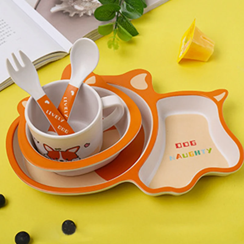 Five-Piece Suit Puppy Pattern Tableware Bamboo Plates For Food Baby Feeding Dishes Children Flat | Мать и ребенок