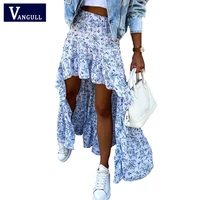 vangull summer high waist irregular skirts women floral print elastic waist ruffles floor length skirts 2021 new beach skirts