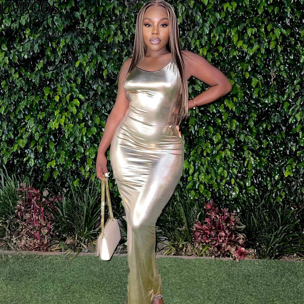 

UVRCOS Faux Leather Dresses For Women 2021 New Arrival Fashion Shiny Camisole Sleeveless Sexy Cut Out Nightclub Bar Maxi Dresses