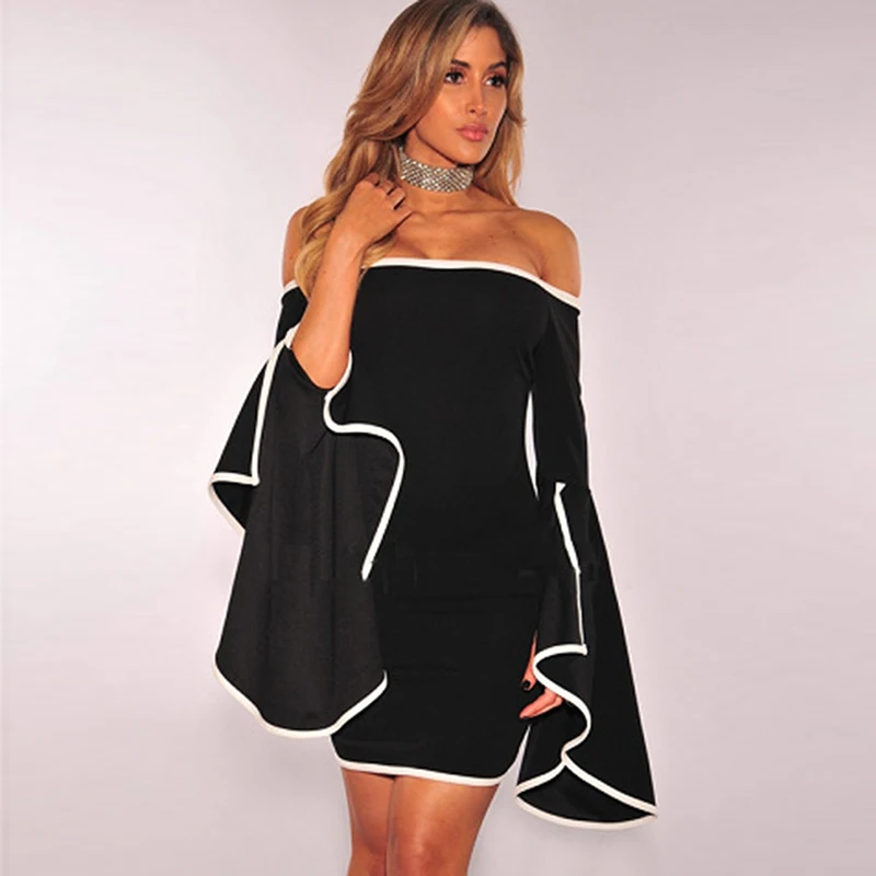 

Summer 2021 Women Sheath Dress Fashion Elegant Flare Sleeve Sexy Dress Sexy Off Shoulder Slash Neck Slim Mini Party Dresses