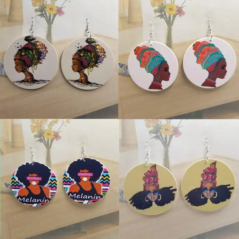 

Bohemia Wood Head portrait 1Pair Vintage Personality Printing Fashion African Beauty's Head Women Handmad Drop Earring