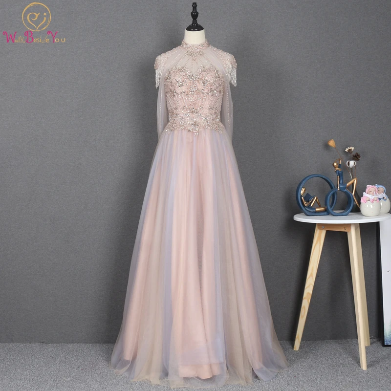 

Walk Beside You Beaded Prom Dresses High Neck Cap Sleeve Puple-pink Crystal Tulle Long Evening Gowns Sweep Train Celebrity