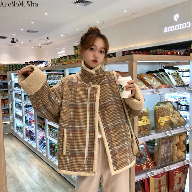 

AreMoMuWha New Women's Winter Port Wind Loose Thick Plaid Imitation Lamb Fur Coat Motorcycle Clothing Cotton Clothes Coat MH522