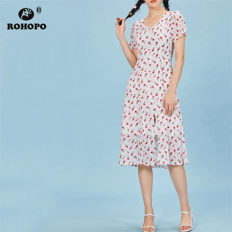ROHOPO/Двухслойное белое и желтое шифоновое платье средней длины на пуговицах с