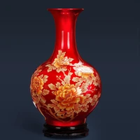 chinese style red and gold peony flower glazed red blue ceramic vase for home decoration with wood base