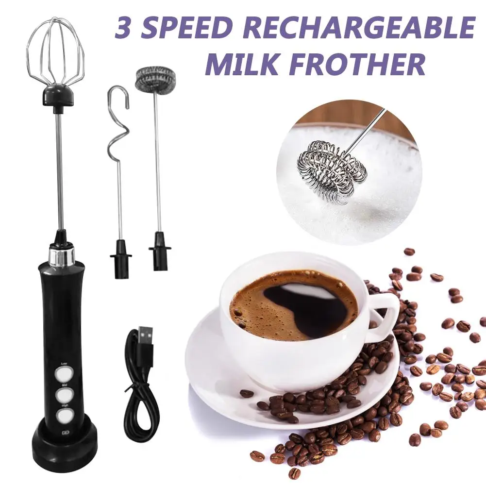 

3-Speeds Egg Beater Coffee Milk Drink Whisk Mixer Heads Eggbeater Frother Stirrer USB Rechargeable Handheld Food Blender Whisk