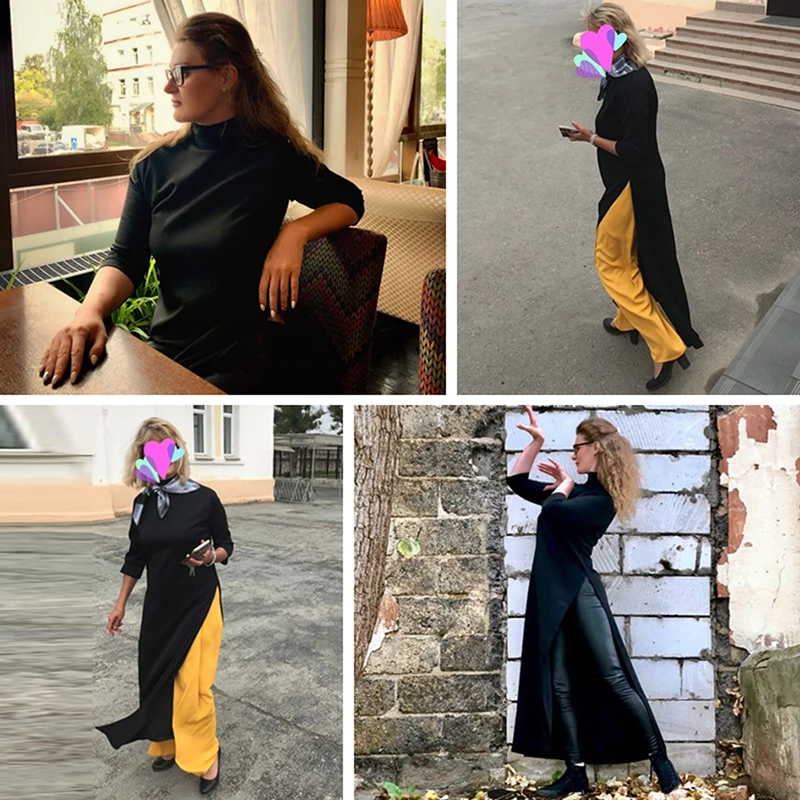 Женское модное платье размера плюс, асимметричное платье в западном стиле, пуловер с высоким воротом, стрейчевое Черное Трикотажное длинное платье