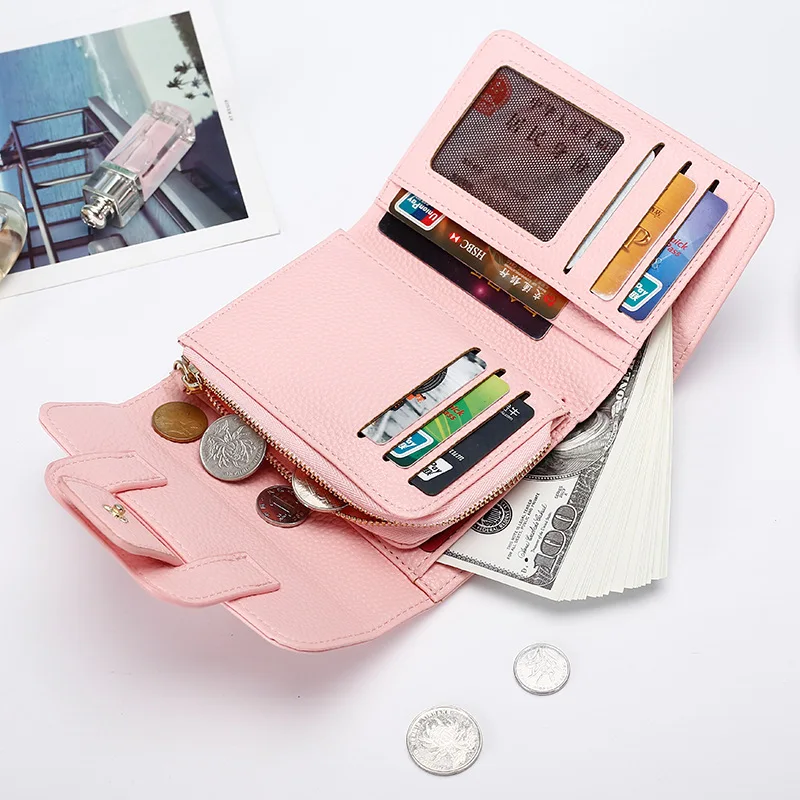 

New ladies wallet trendy fashion lychee pattern buckle wallet student small fresh coin purse multifunctional card holder wallet