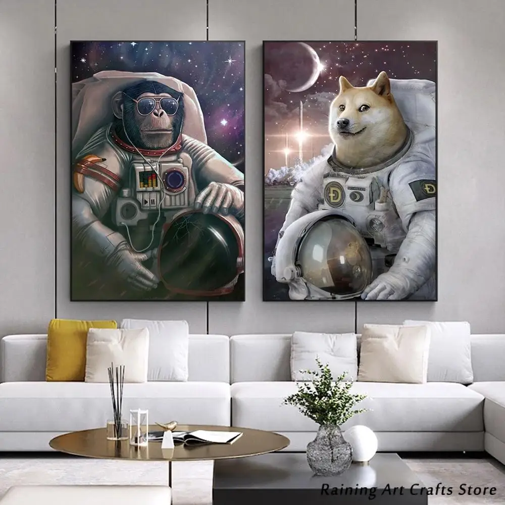 

Dog and Monkey In Space Suit Nordic Posters Funny Animals Canvas Painting and Prints Wall Art Pictures for Kids Room Home Decor