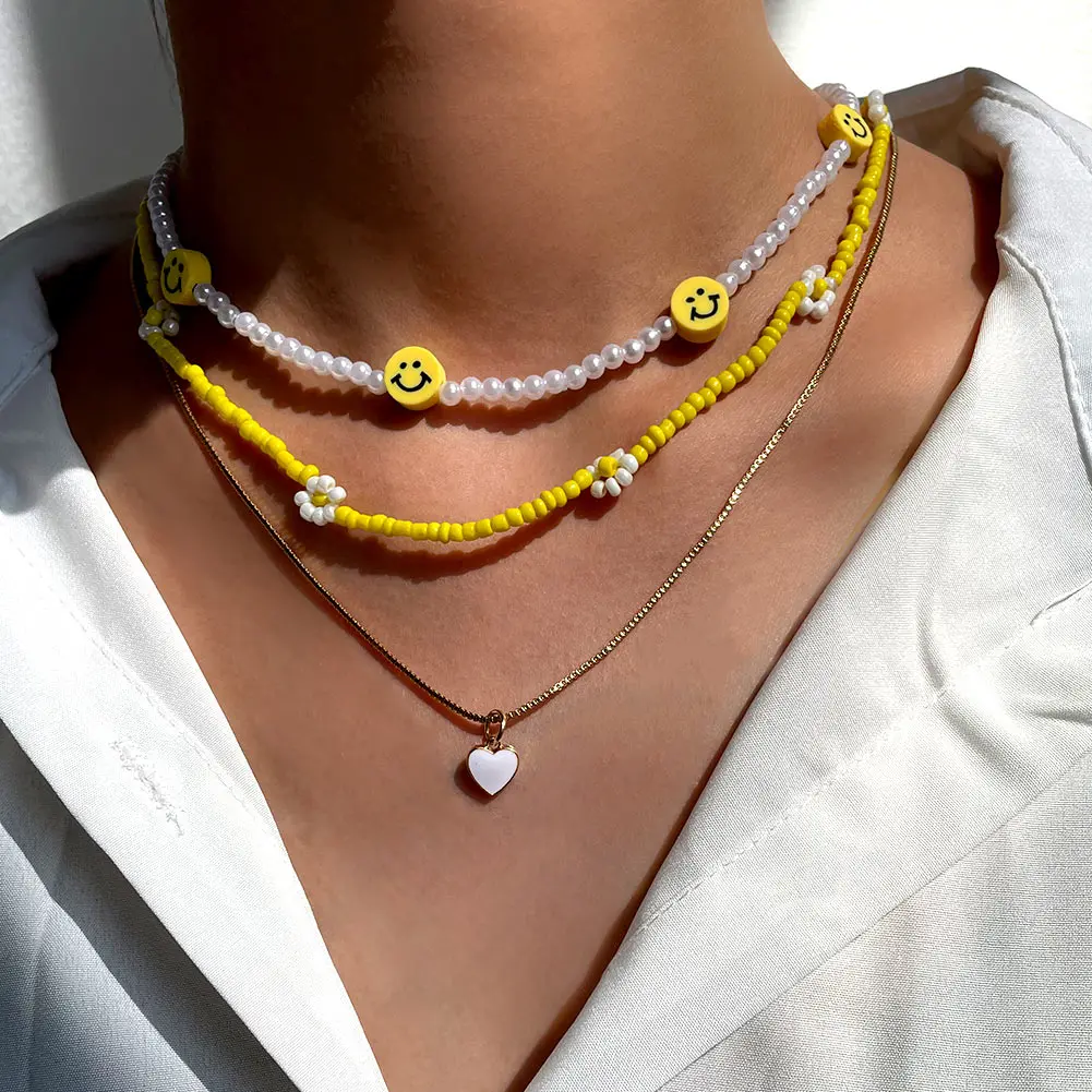 

3Pcs/Set Smiley Pearl Beaded Necklace For Women Acrylic Yellow Bead Strand Flower Choker Heart Pendant Simulated-pearl Jewelry