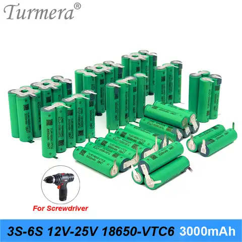 Аккумулятор Turmera 3S 12,6 в 4S 16,8 в 5S 21 в 6S 25 в VTC6, аккумулятор TUR18650VTC6 3000 мА · ч 30 А для отвертки 18 в