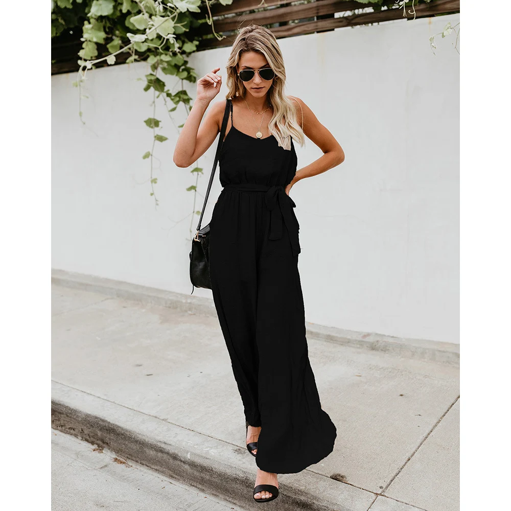 

2021 Summer Fashion V Neck Solid Color Jumpsuit Women Sexy Spaghetti Jumpsuit Casual Wide Legs Women Jumpsuit